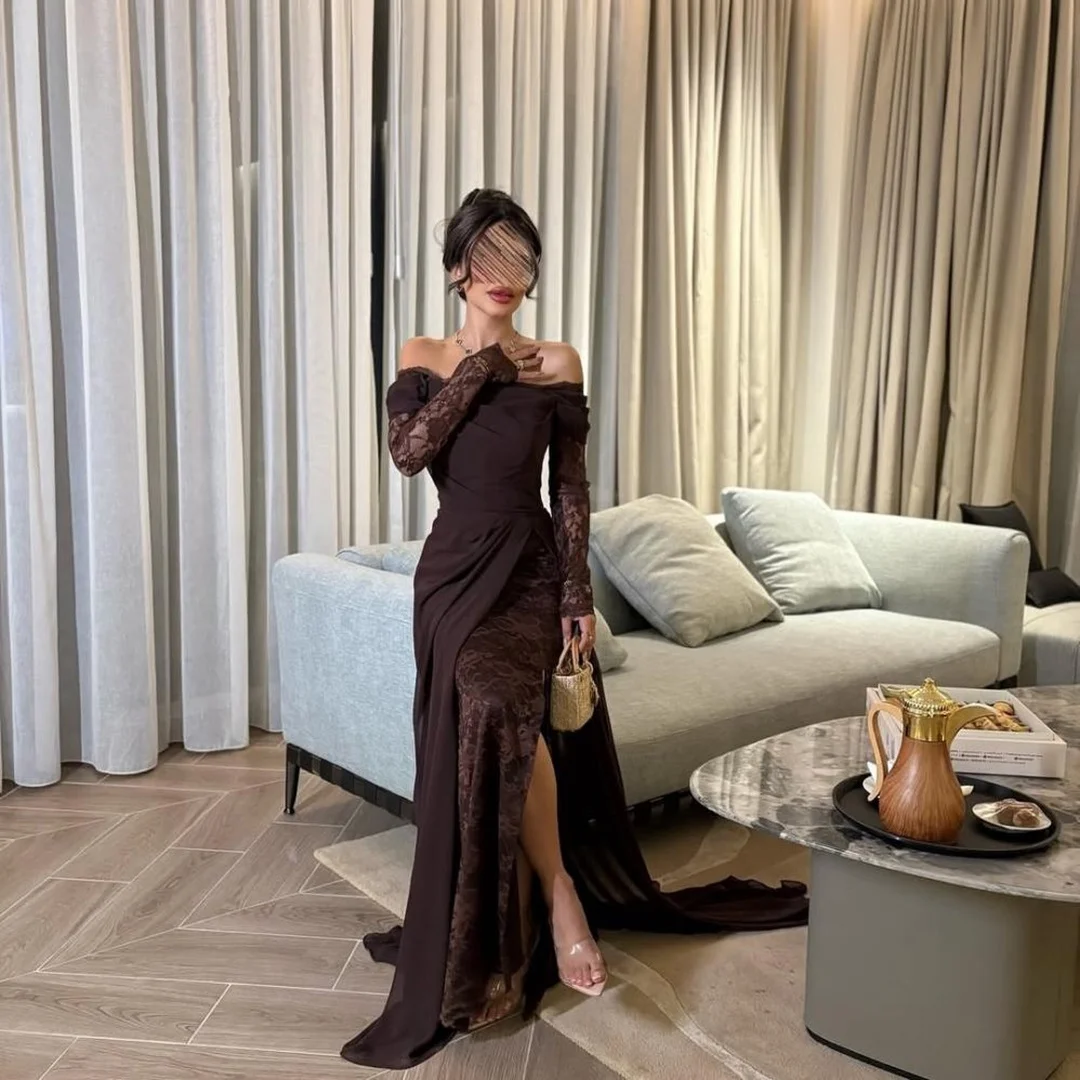 Customized Evening Dresses Woman Elegant Woman Dress Short Sleeves Brown Mermaid Embroidered Lace Luxury Party Dresses Women's