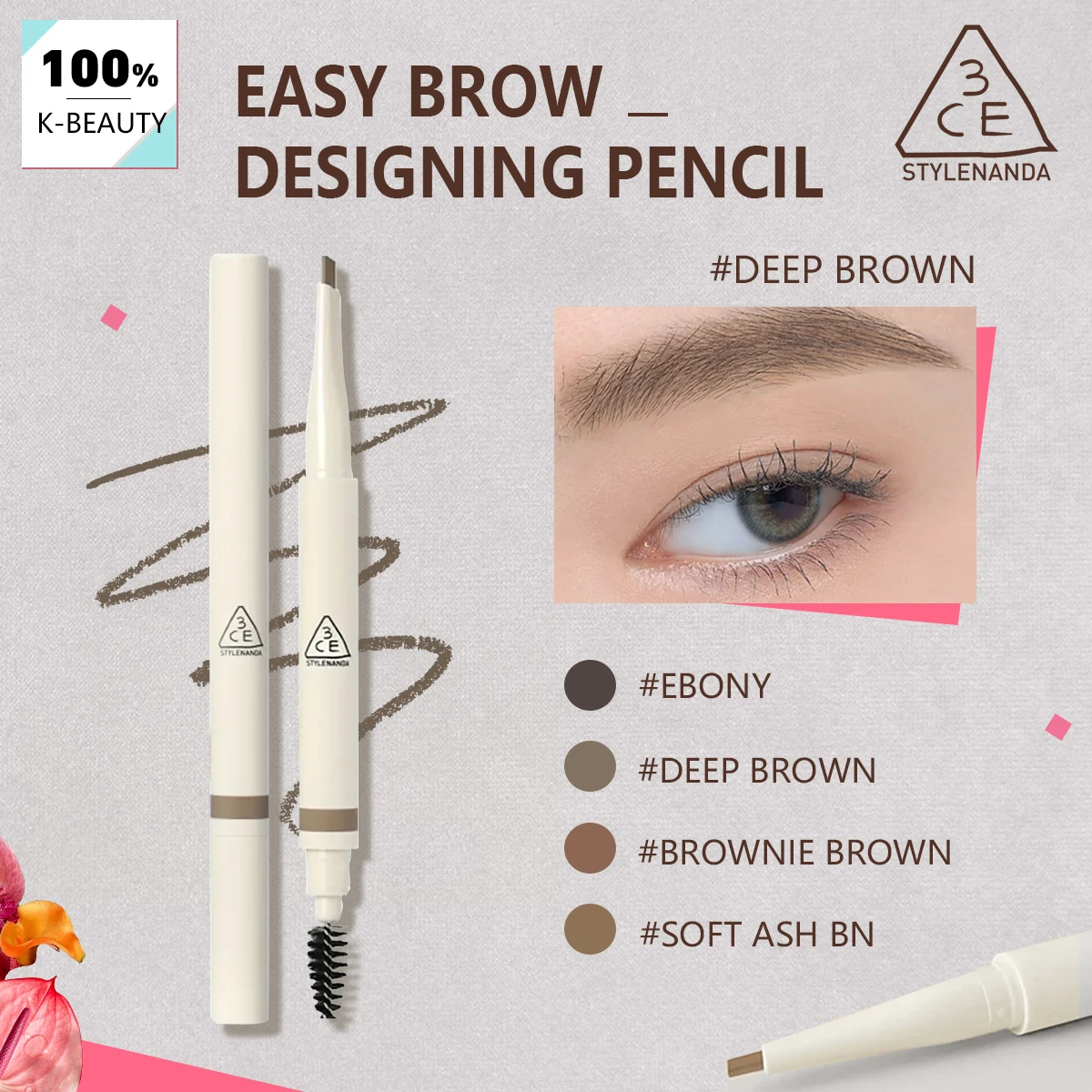 

Карандаш для бровей 3CE Easy Brow Pencil, естественный цвет, точное моделирование бровей, гладкая текстура, тонкий кончик, K-Beauty, корейская косметика