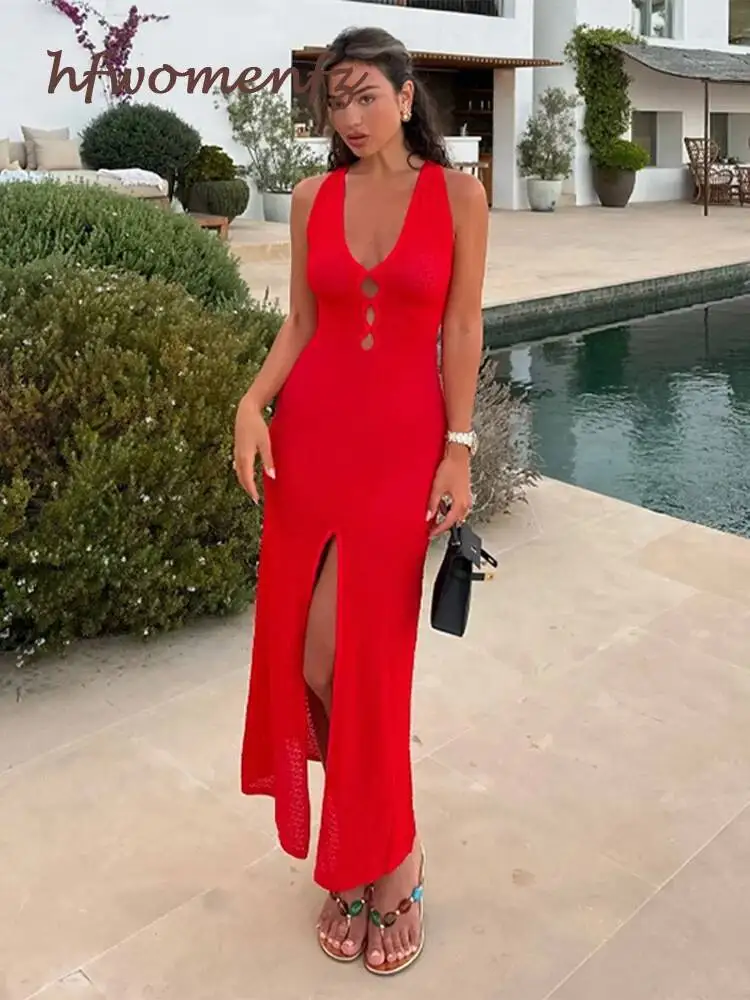 الصيف محبوك الجوف خارج فستان طويل المرأة بلا أكمام العميق الخامس الرقبة سبليت الصلبة فساتين ضئيلة موضة 2024 سيدة عطلة الشاطئ رداء #4