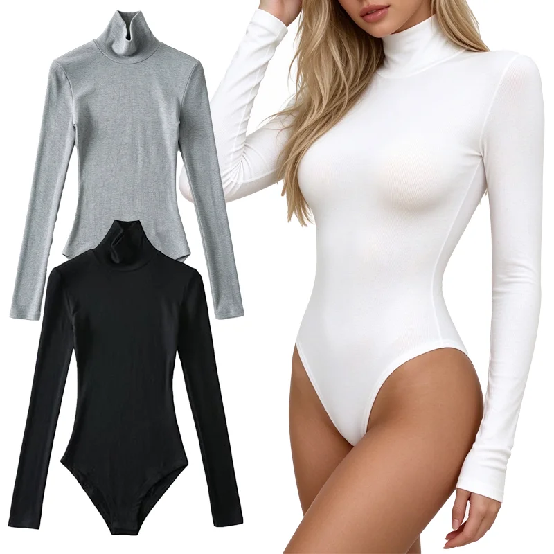 Women's Turtleneck Bodysuit Slim Long Sleeve Tight Solid Color Basic Pullover Fashion Casual Daily Leotard Jumpsuit One Piece
