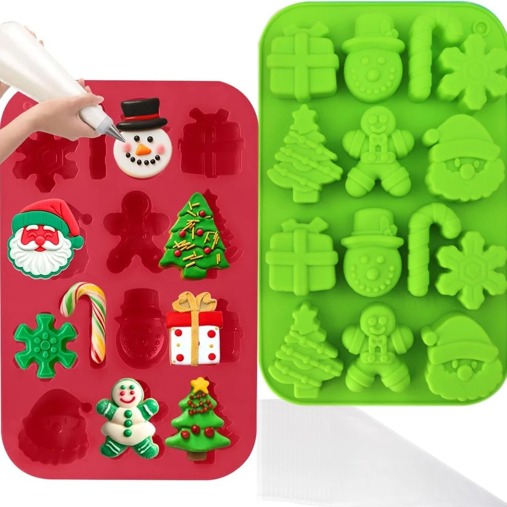 Christmas Silicone Baking Mold Gingerbread Santa Claus Snowflake Candy Mold Chocolate Jelly Handmade Soap Candle, Red/Green