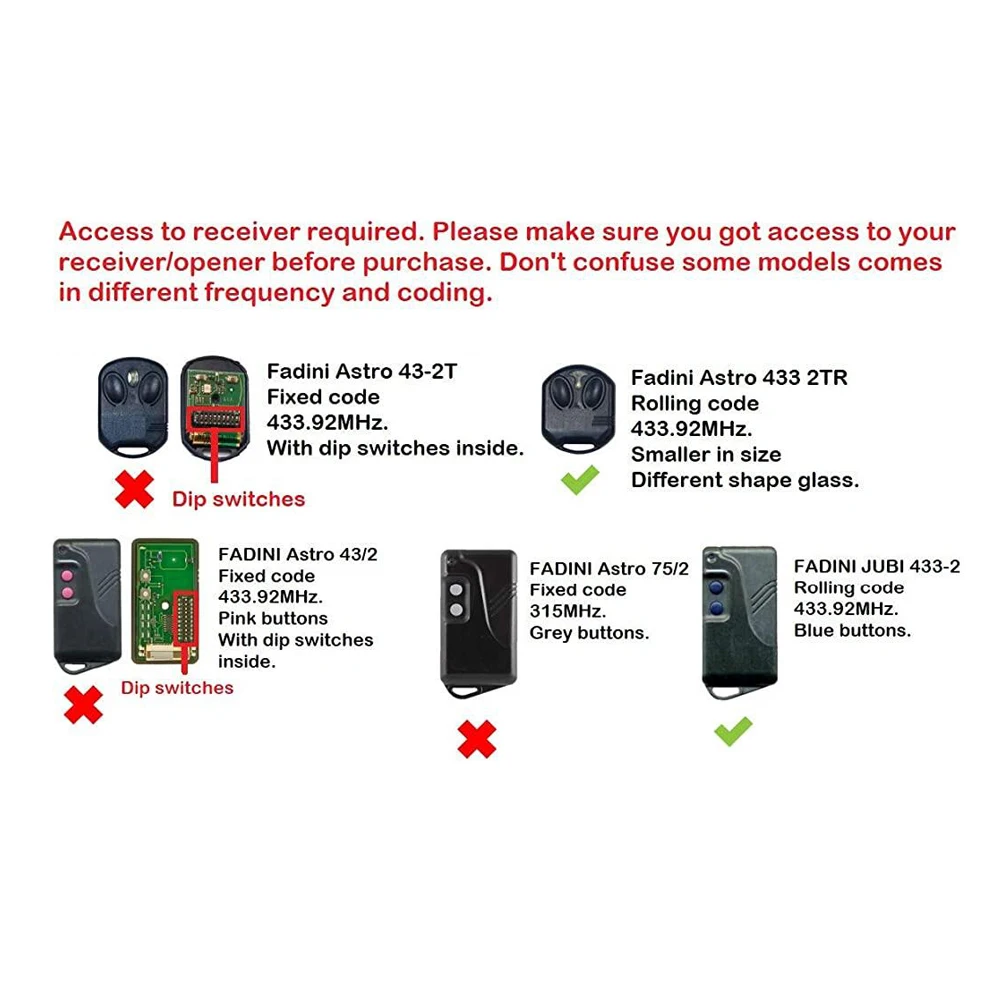 FADINI Astro 433 2TR / JUBI 433-2 / JUBI 433-4 Garage Door Remote Control 433.92MHz Rolling Code Gate Key Fob Transmitter