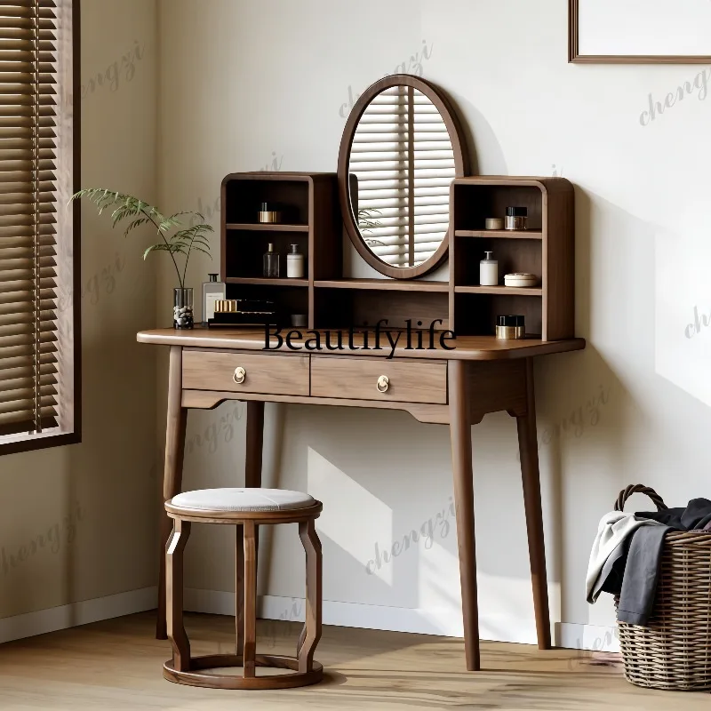Nordic style solid wood dresser with mirror bedroom makeup table multi-functional storage integrated ash wood