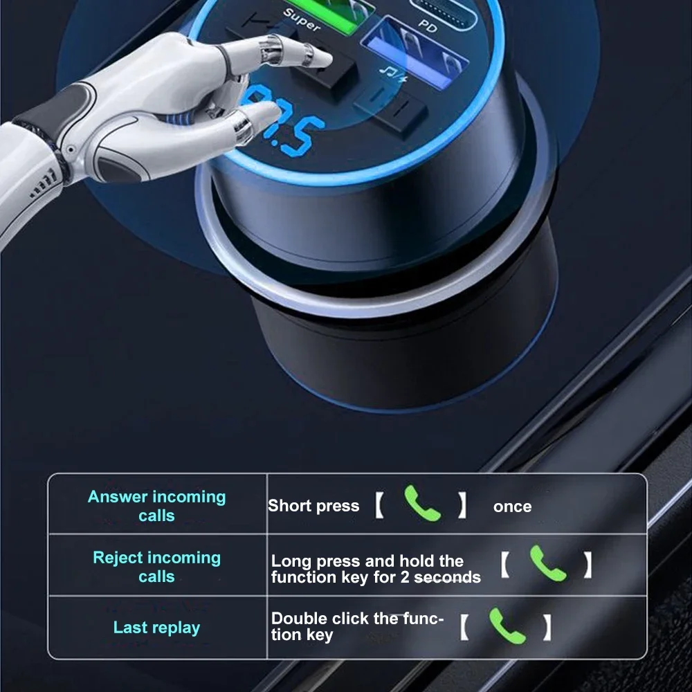 Trasmettitore FM Bluetooth 5.0 Vivavoce Modulatore radio AUX per auto Lettore MP3 66W Doppio PD Tipo-C USB Carica rapida con display Volt