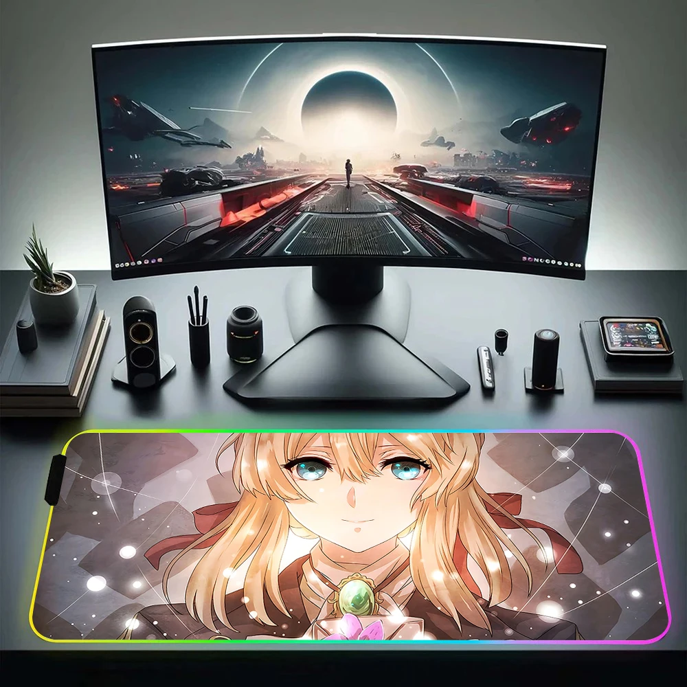 Violet Evergardens RGB Pc Gamer Keyboard Mouse Pad Mousepad LED Glowing Mouse Mats Rubber Gaming Computer Mausepad