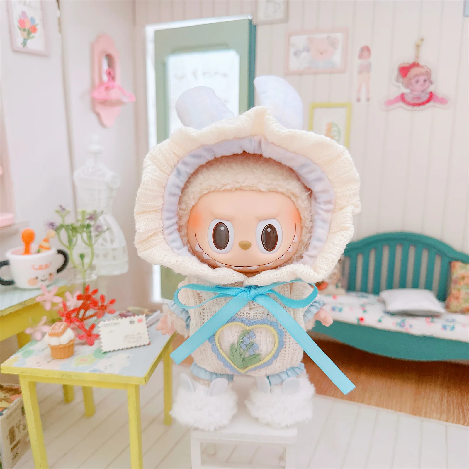 17cm Plush Doll's Clothes The Monster Labubu Outfit Accessories Clothing DIY Kids Gift Knitted Rabbit Ear Jumpsuit Shoes YE06H