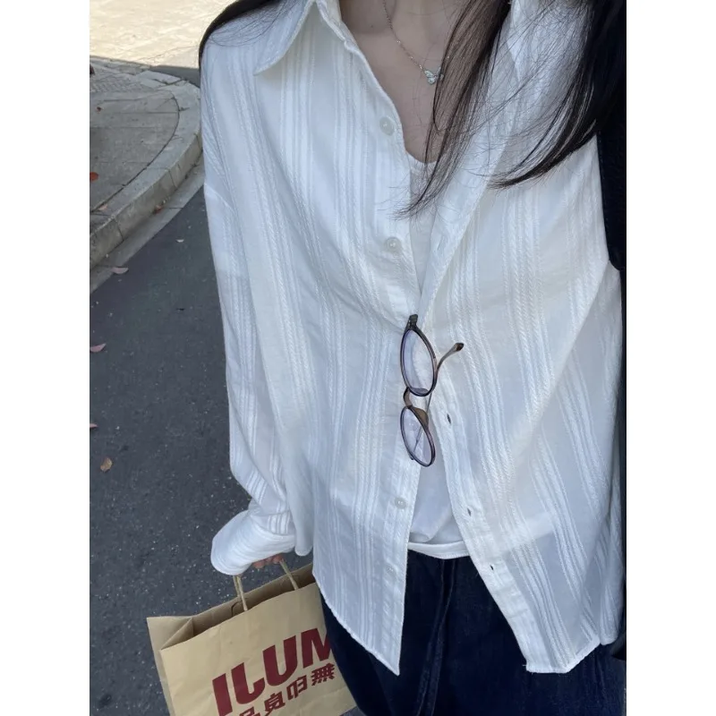 INS Fashion Design Spring Autumn Lazy Style White Striped Women's Shirt Single Breasted Blouse Long Sleeve Top Casual Outerwear