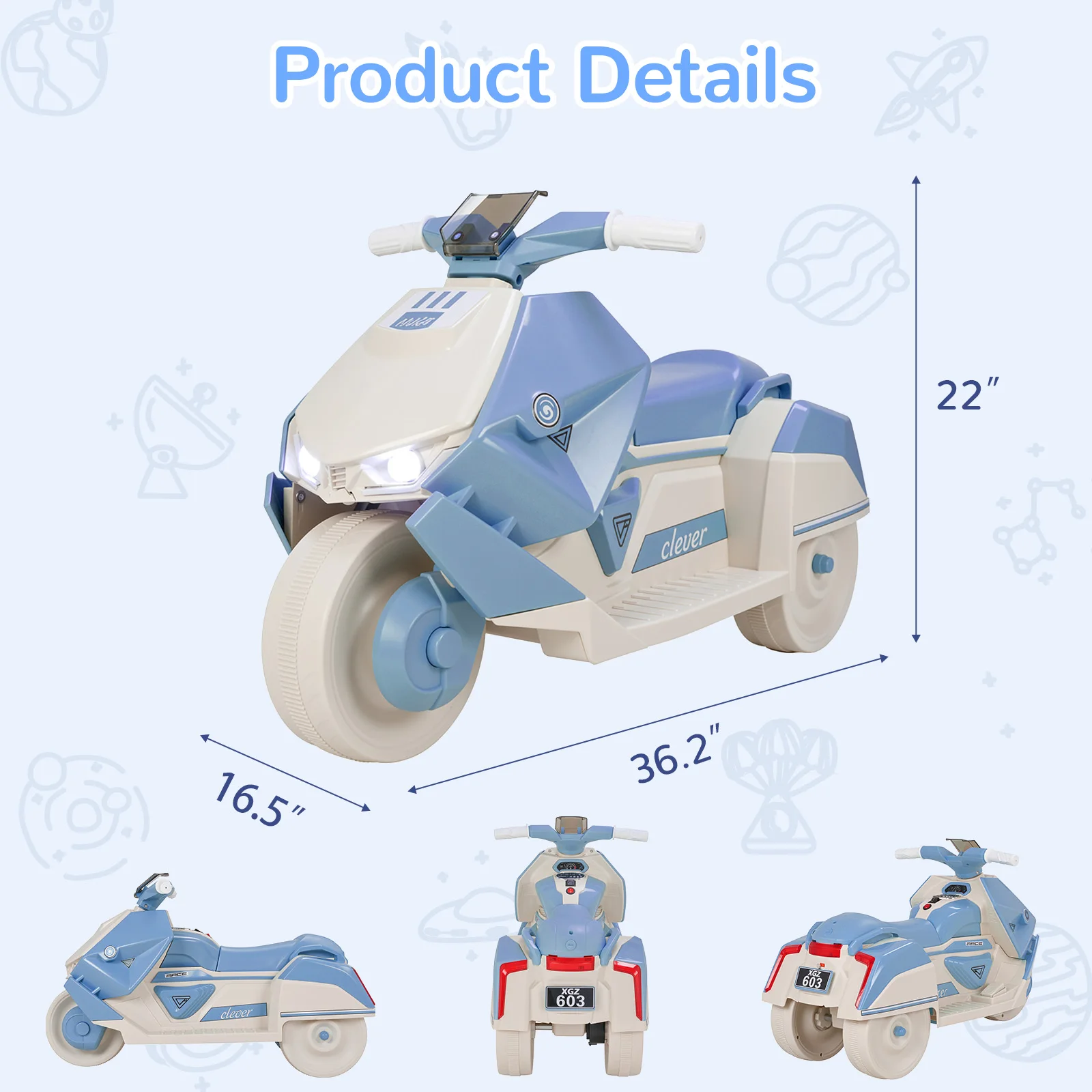 Kids Electric Motorcycle,  Ride on Car Toys for Toddlers, 6V Battery Powered with Interstellar Lights & Music, Realistic Engine