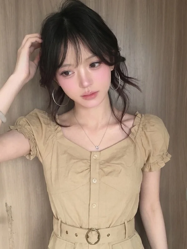 

Slim Fit Short Sleeve Shirt Women's Summer New Waist-Cinching Slimming Khaki Design Casual Style V-neck Breathable Top
