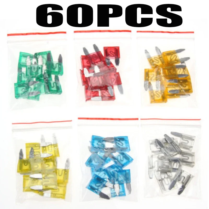 60pcs 5A/10A/15A/20A/25/30A Small Mini Car Fuses Set Mixed Mini Standard Blade Fuse for Auto Truck Automotive Boat