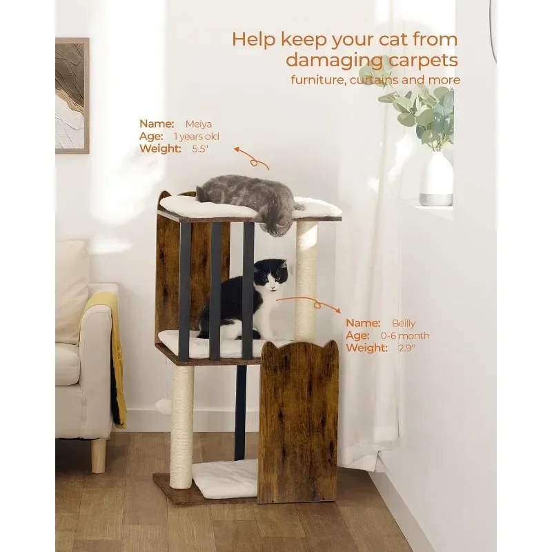 35.4-inch Three-story Modern Cat Tree Tower Apartment, Indoor Cat Scratching Post, Large Plate, Two All-sisal Scratching Post