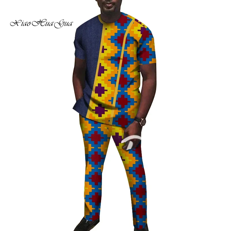 

2 Piece Set African Print Clothing Men African Suits Short Sleeve O-neck Dashiki Tops and Pants Set for Men Plus Size WYN930