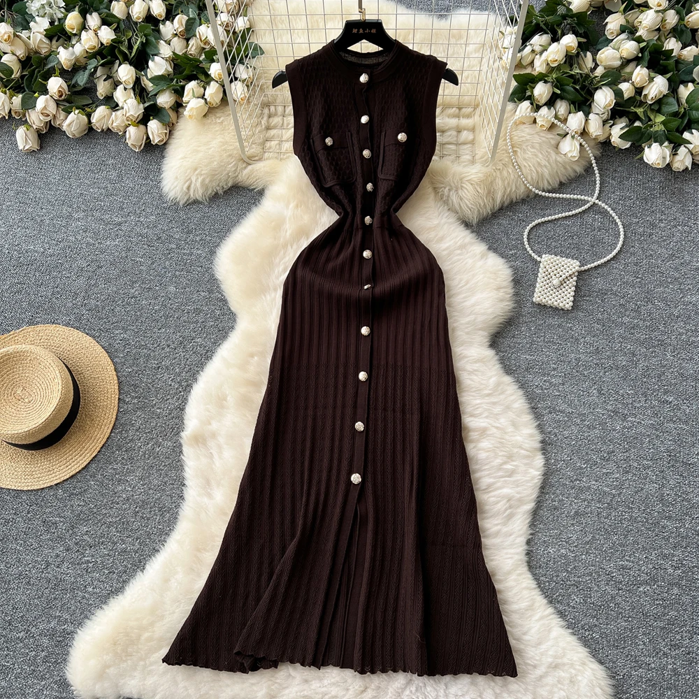 YuooMuoo ブランドファッション女性ニットサマードレス 2025 エレガントなシングルブレストスリムウエストロングシャツドレスオフィスレディ Vestidos