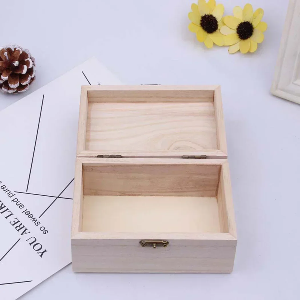 Scatole portaoggetti quadrate in legno con cerniera in legno semplice Scatola regalo artigianale Contenitore di stoccaggio semplice antipolvere con custodia per gioielli con serratura