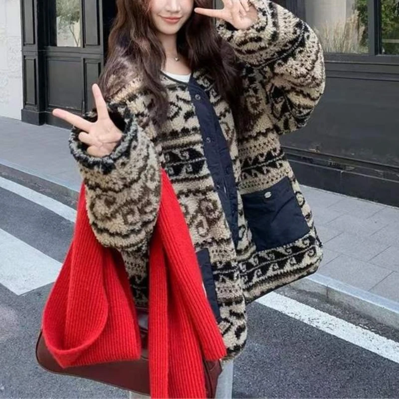 Reversible Faux Shearling Vintage Padded Cotton Coat Lapel Collar Loose Fit Warm Cozy Daily Casual Classic Outerwear Winter Coat