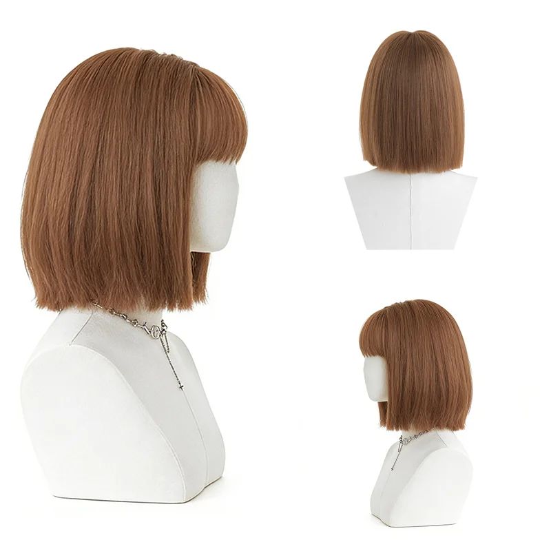 

Beginner Friendly Short Brown Bob Wig with Bangs Glueless Easy Wear No-Tangle Heat Resistant Synthetic Full Head Wig for Women