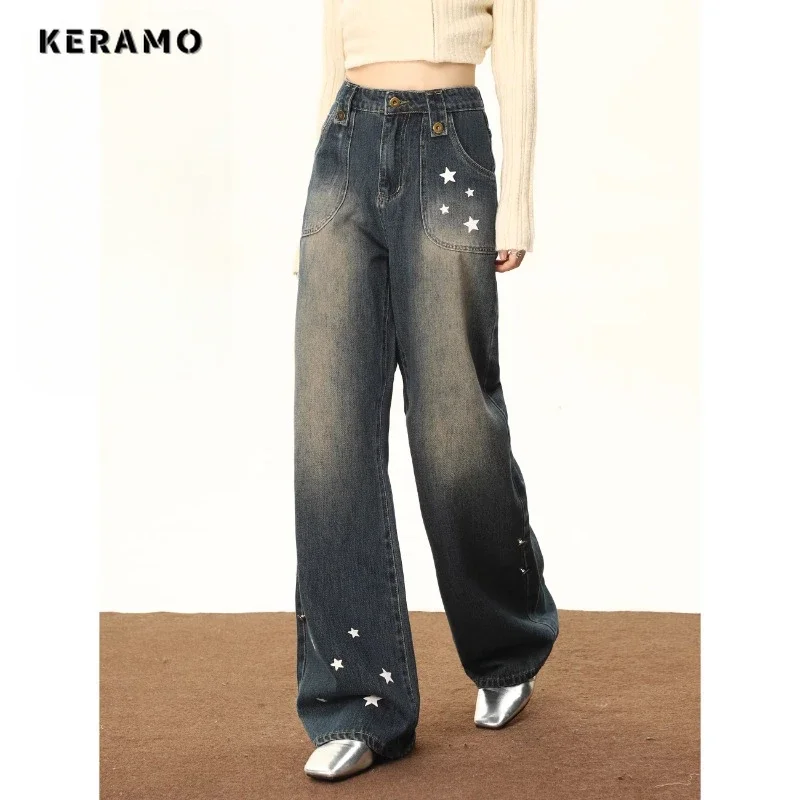 

Vintage Stars Print Casual High Waist Jeans High Street Style Blue Straight Pants Women's Wide Leg Baggy Y2K Denim Trouser