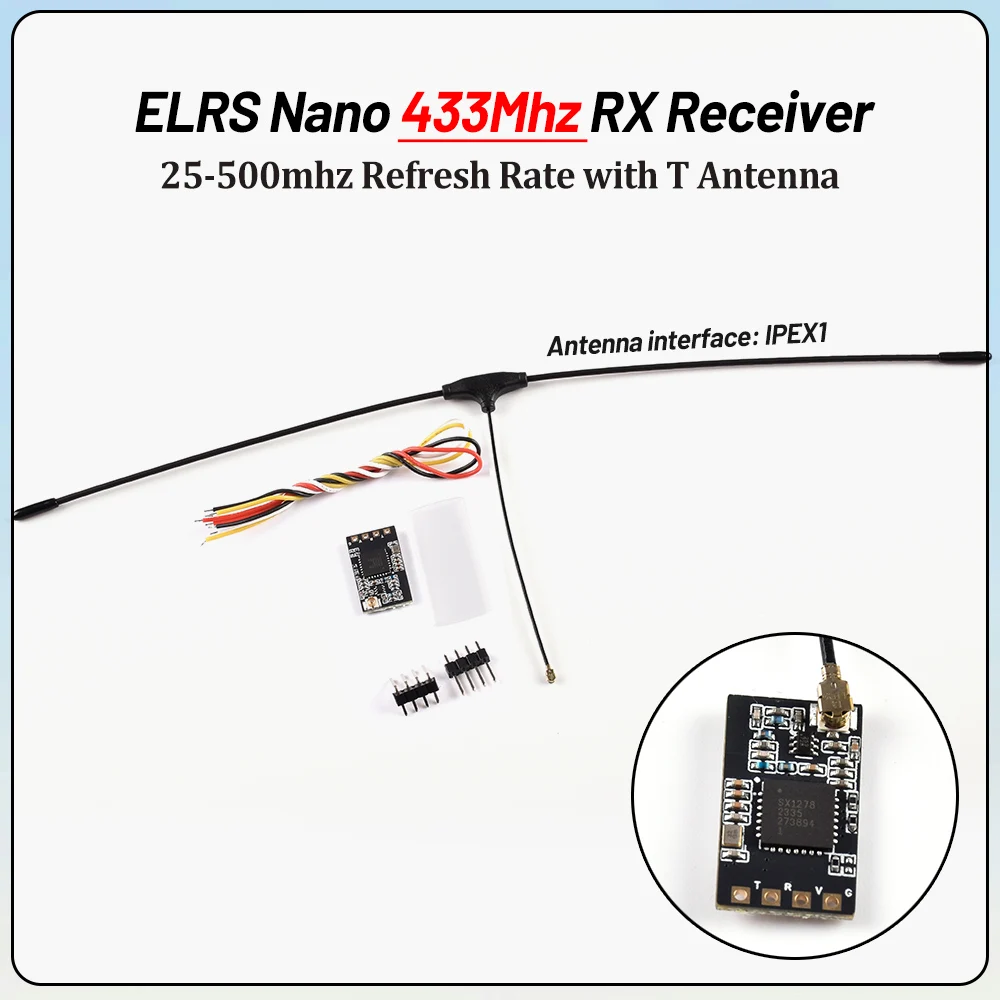 ELRS Nano 433Mhz RX Receiver 25-500hz elrs Receiver Module Refresh Rate with T Antenna For RC FPV Long Range Racing Drone Parts