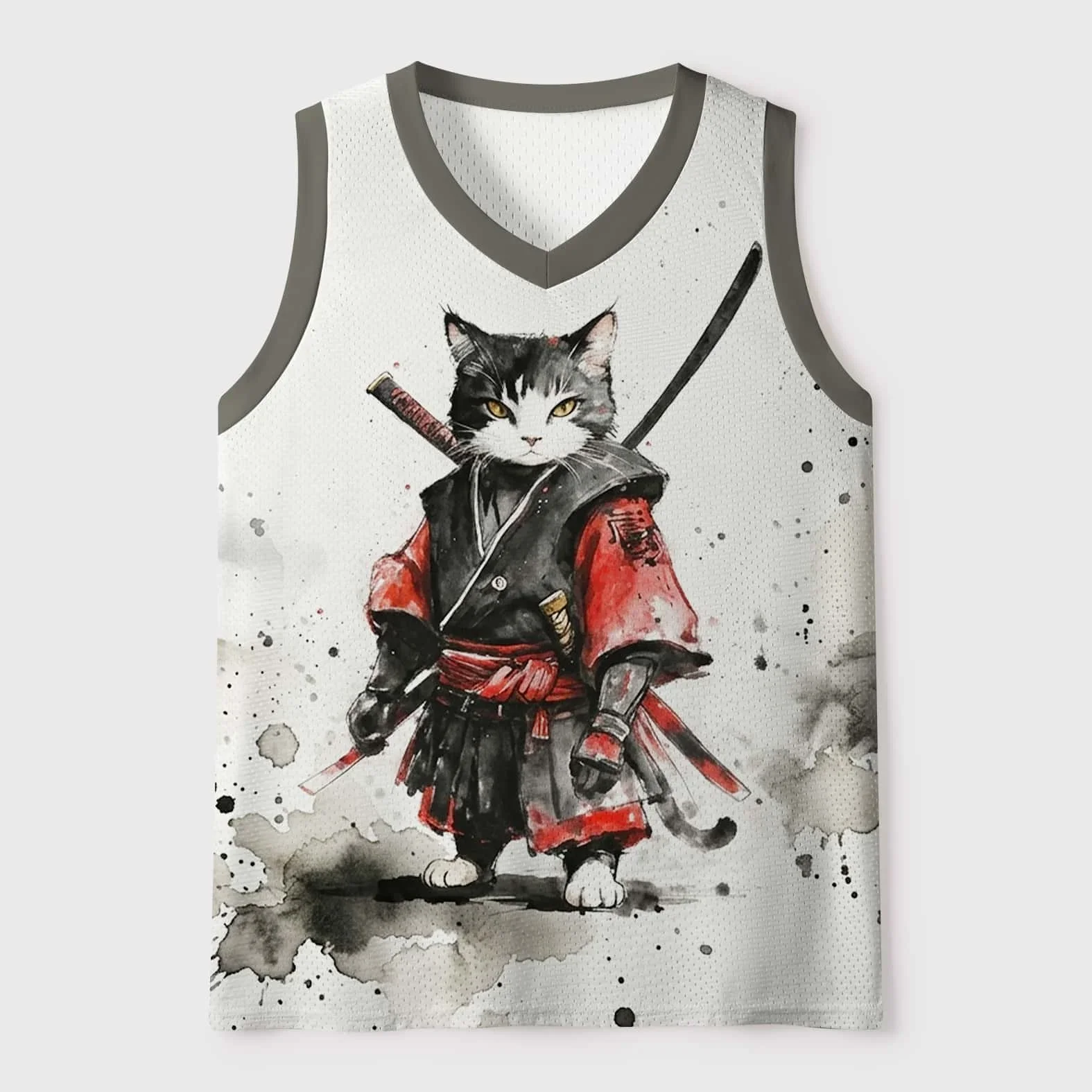 2026 Ink Wash Style Black Cat Warrior Children's Adult Splash Print Breathable Casual T-shirt Parent-child Gift Basketball Vest