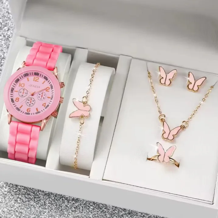 Fashion Women's Quartz Watch Leather Band Analog Wrist Watches Heart Rhinestone Jewelry Set(With Box)