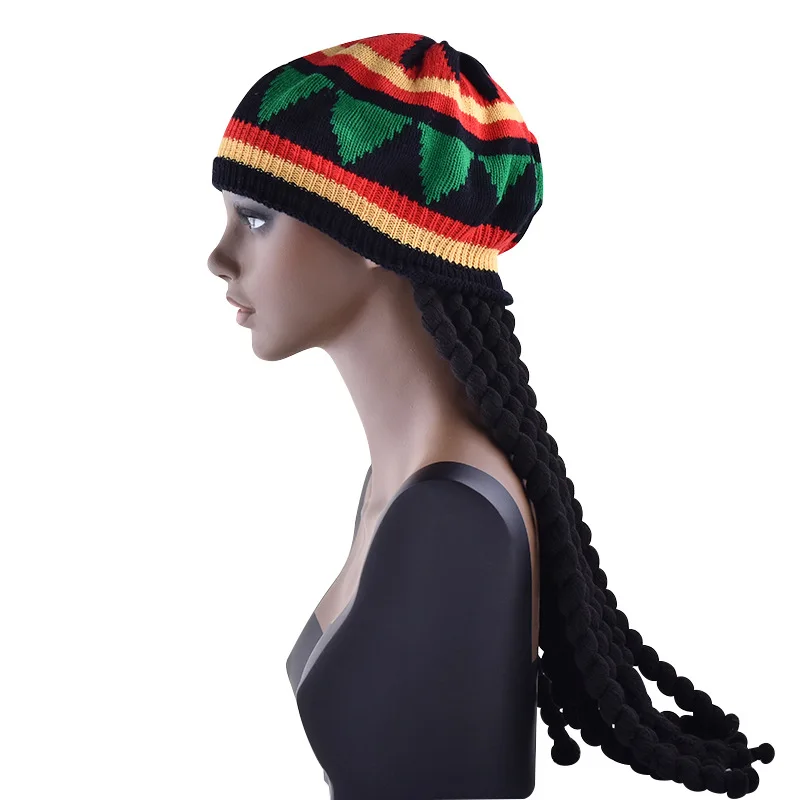 Unisex Synthetic Wig Knit Braid Hat Jamaican Bob Rasta Beanie Cap Dreadlocks Wig Bob Marley Caribbean Hip Hop Cosplay Headwear