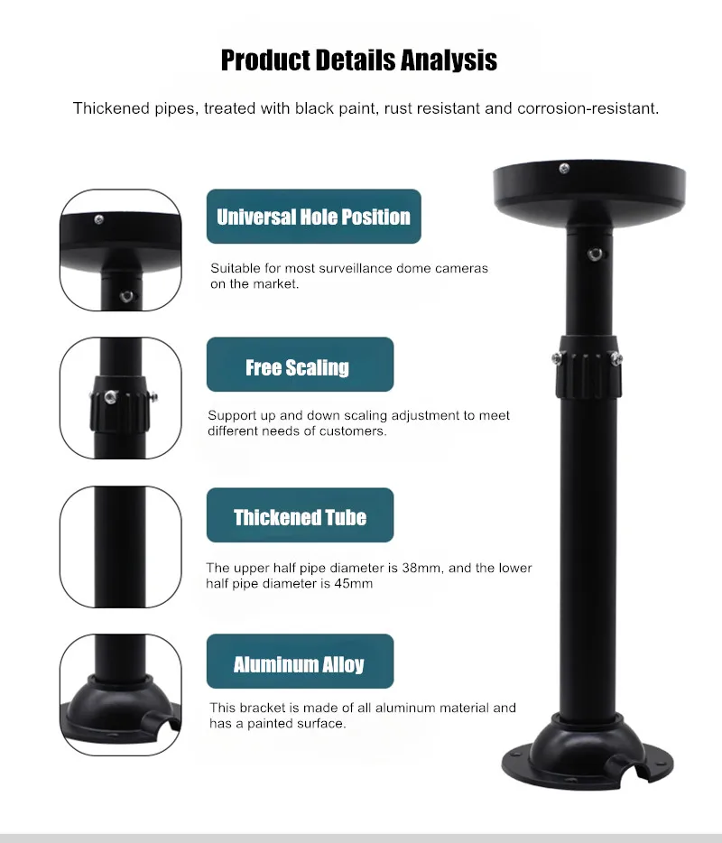 Black Super Long Bracket 75-150cm/100-200cm I-type Universal Hemispheric Hoisting Telescopic Dome Camera Ceiling Mount Bracket