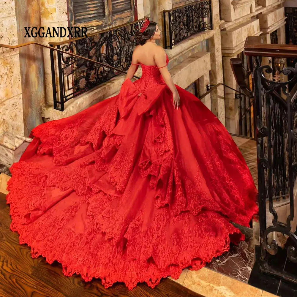 

Long Train Red Spaghetti Strap Ruffles Ball Gown Quinceanera Dresses Appliques Lace Corset Vestidos De 15 Años Birthday Party