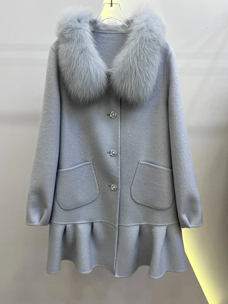 2025年ファッション レディース カシミヤ ウール ウールコート 冬用ジャケット 天然リアルフォックスファー襟 レディース アウター ストリートウェア