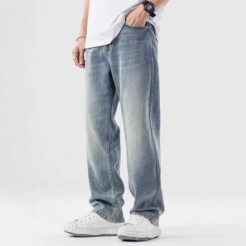 

Summer 2025 New Fashion Men's Vintage Plus Size Loose Straight Wide Leg Light Blue Casual Trendy Denim Trousers Male Jeans Pants