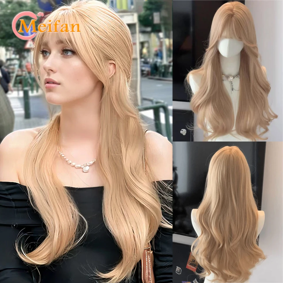 MEIFAN Synthetic Long Wavy Lolita Wig with Bangs Ombre Pink Blonde Black Cosplay Party Halloween Harajuku Y2K Wig for Women