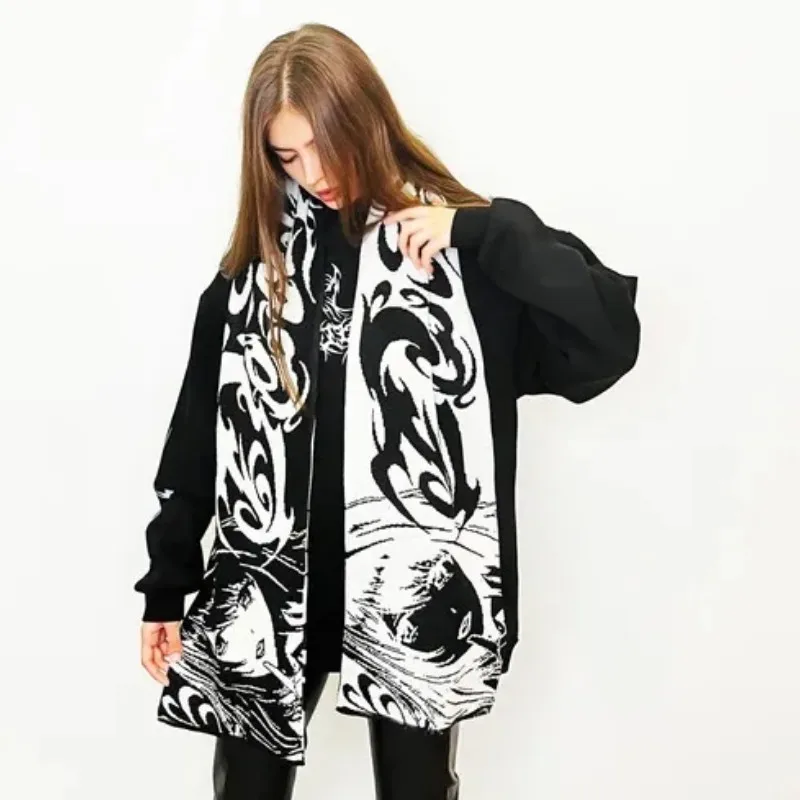 Fashion Y2K Double sided scarf Versatile Japanese Anime striped knitted women\'s scarf men\'s winter scarf black tassel scarf