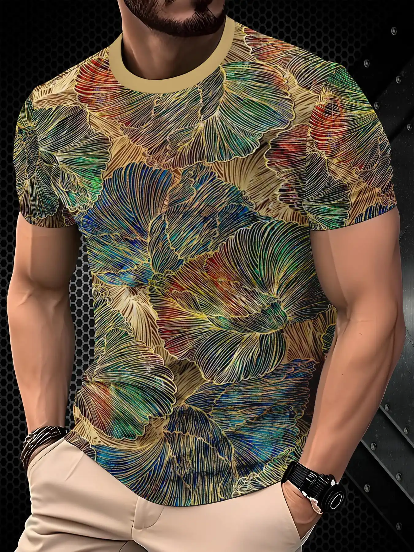 New men's short-sleeve T-shirt, loose-fitting and tailored with printed designs, versatile basic crew-neck top suitable for spri
