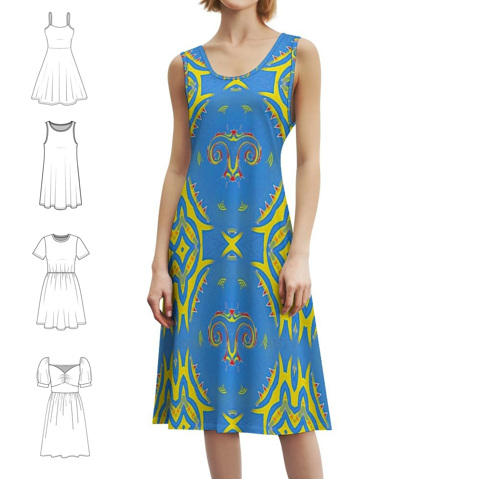 

Аруба-Акстрактный расписный флаг Арубы-Один Винтажное богемное платье Happy Island с пышными рукавами или варианты без рукавов для женского платья