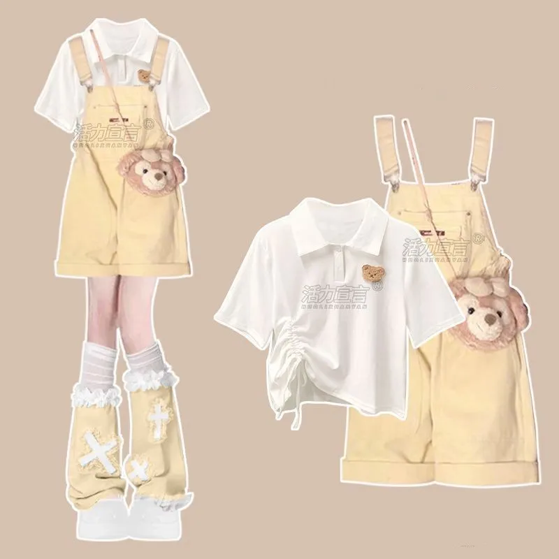 Girl Summer New Fashion Drawstring Short Sleeve T-shirt+Denim Strap Shorts Two Piece Suit Korean Elegant Tracksuit Matching Set