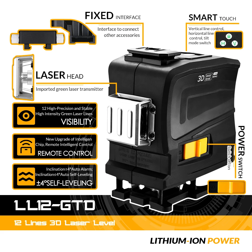 DEKO Laser Level 12 Lines 3D Green light Horizontal&Vertical Lines with Remote Control Self-Leveling High-Precision- LL12-GTD