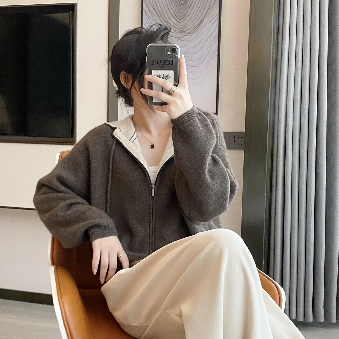 

Women's Air Cashmere Cardigan Loose Padded Knit Hoodie Contrast Zipper Sweater Fall Winter Coat New Style Casual Comfortable