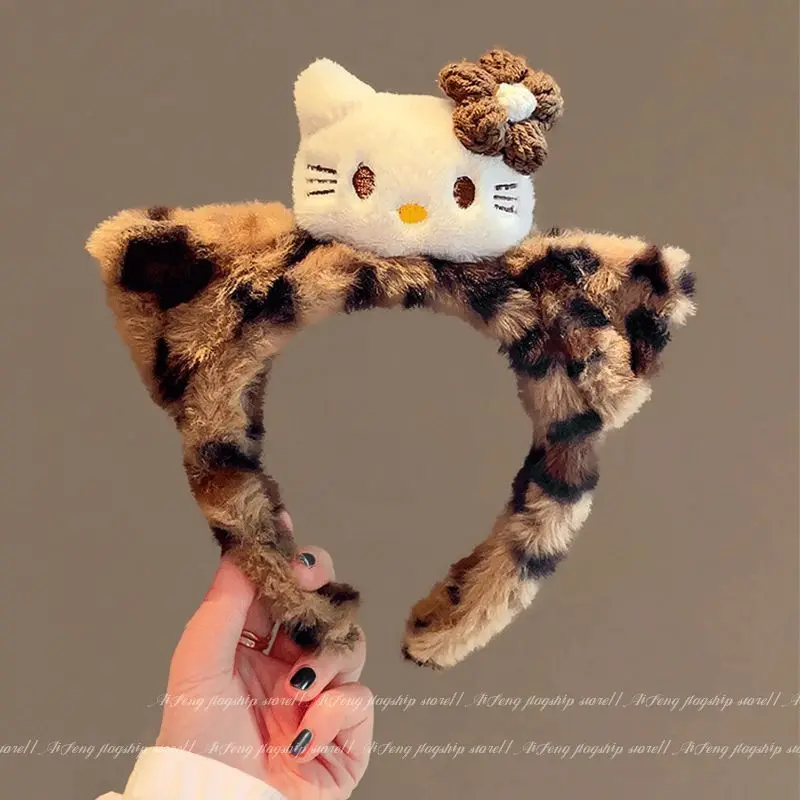 New Leopard Print Hello Kitty Plush Black Cat Hair Headband Girl's Face Wash Headband Headband Children's Hair Accessories