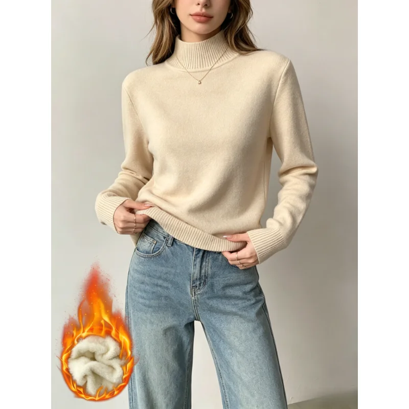 New Classic Half Turtleneck Fleece-Lined Knit Sweater Thick Warm Base Layer Pullover Top Fashionable Inner Wear Casual Knitwear