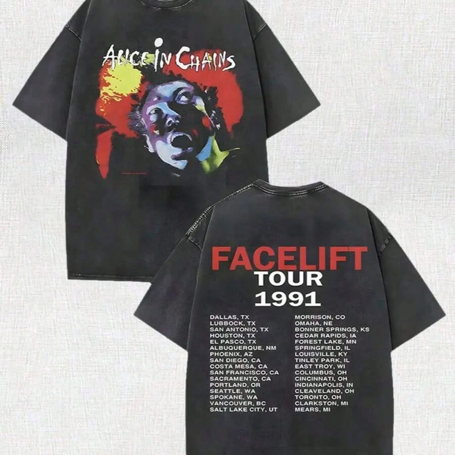 T-shirt décontracté ample de haute qualité Alice's Face Transformation In The Chain 1991 Concert Tour, effet délavé, pour enfant, homme et femme
