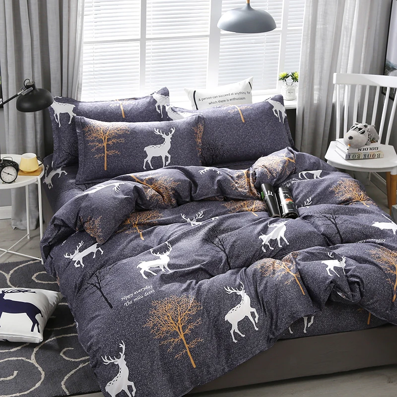 1PC All-Season Duvet Cover: Dark Blue with White Deer & Gold Tree, 