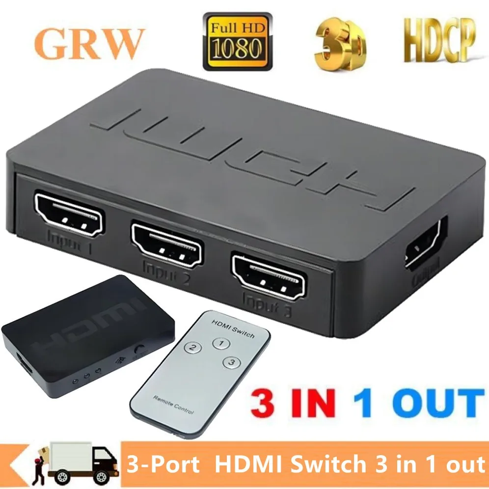 GRWIBEOU 3-portowy przełącznik kompatybilny z HDMI 3 wejścia 1 wyjście 1080P HDMI rozdzielacz wideo Adapter koncentratora do Xbox DVD HDTV PC Laptop TV