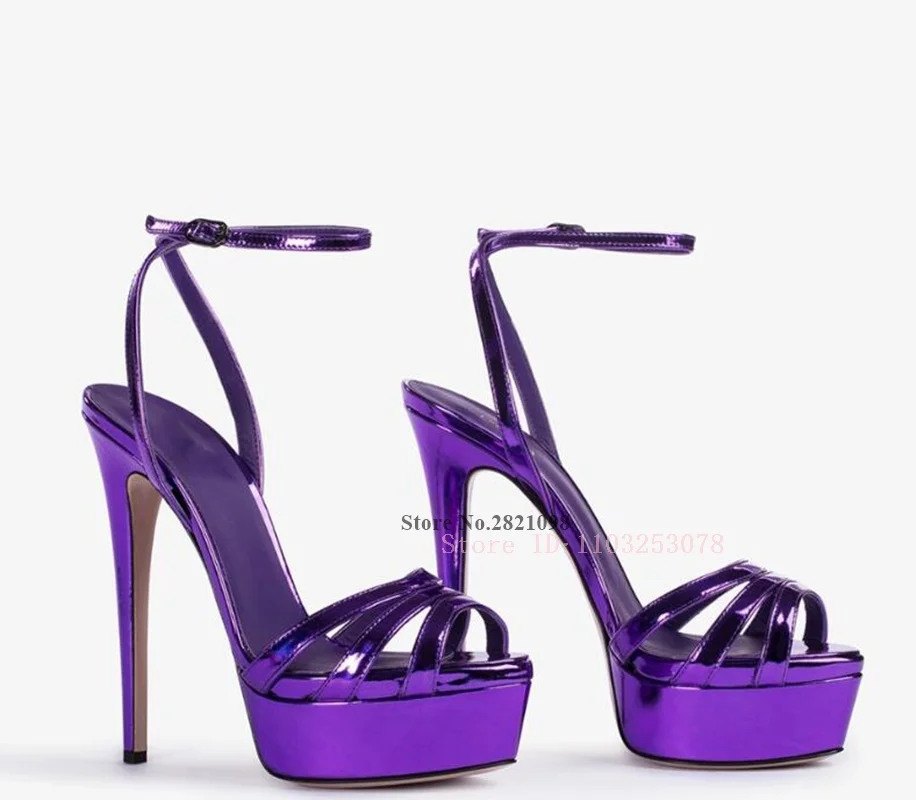 Narrow Band Stiletto Heeled Straps Purple Metallic Platform Thin High Heel Sandal Super Heeled Ladies Women Summer Shoes