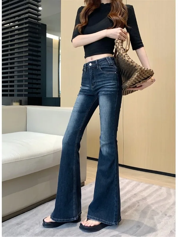 

American Style High Waist Slim Fit Denim Jeans Women's Spring 2026 New Elastic Tight Jeans Retro Micro Flared Long Trousers