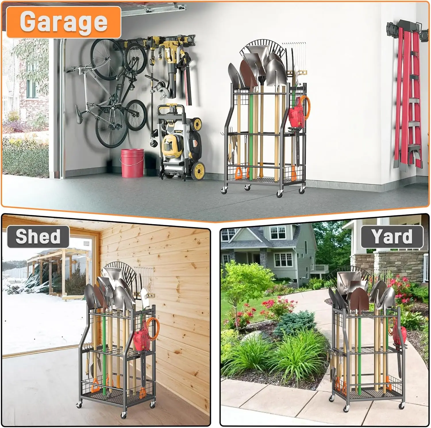 Rolling Garden Tool Organizer Stand for Rakes, Shovels, and Yard Tools with Wheels