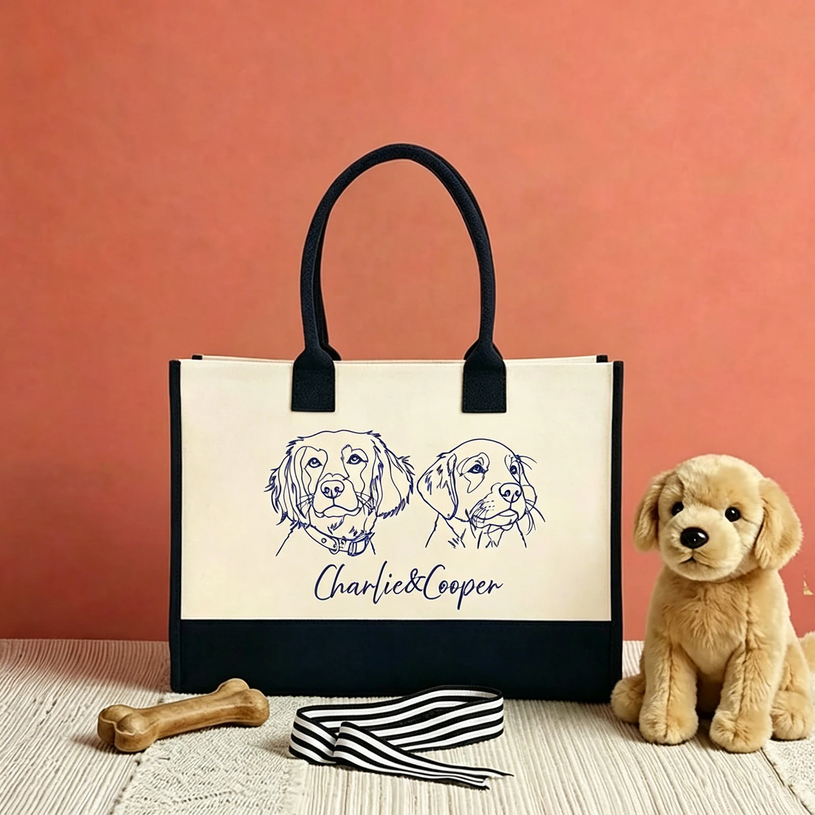 Custom Dog Portrait Canvas Tote Bag Two Tone Black Bottom Personalized Name Reusable Shopping Bag For Pet Lover Large Capacity
