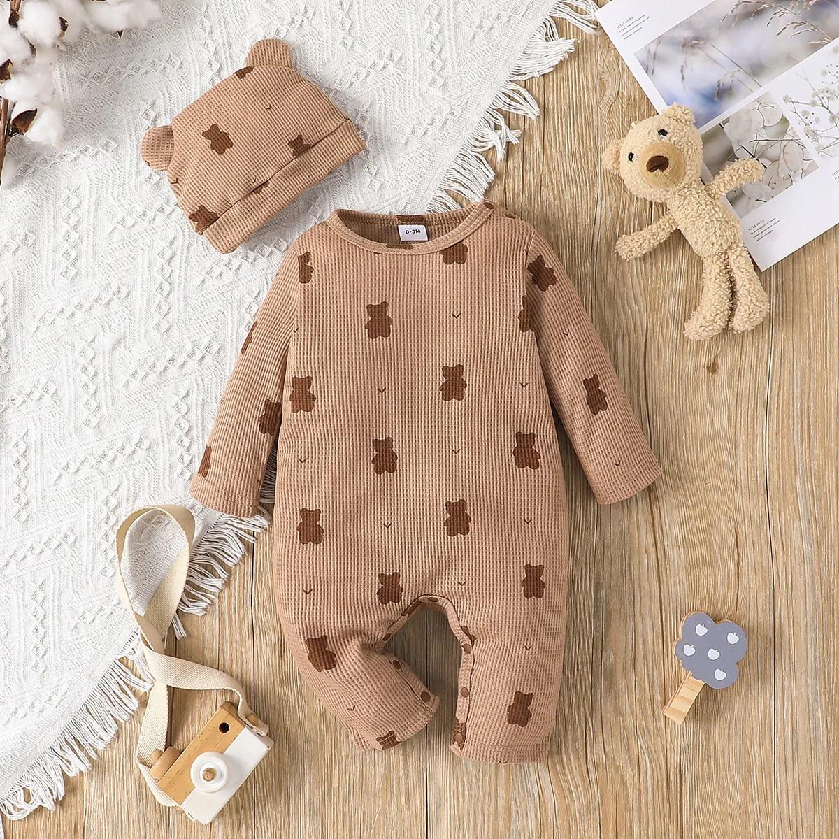 LAPA 0-18M Infant Casual One-Piece Jumpsuit Set Baby Cute Bear Print Long Sleeve Romper+Hat 2 Piece Newborn Pullover Bodysuits