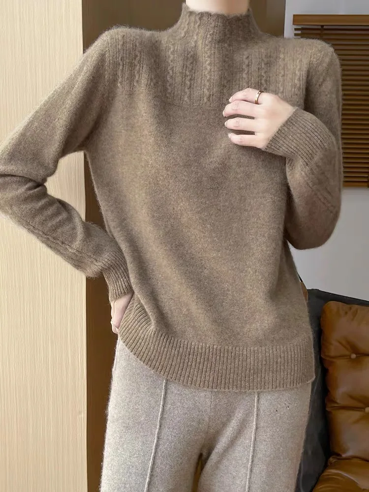 

Warm Woolen Knitted Sweater Women's Autumn Winter f High Collar Base Layer irt Twist Yarn Camere Sweater Sli And F...