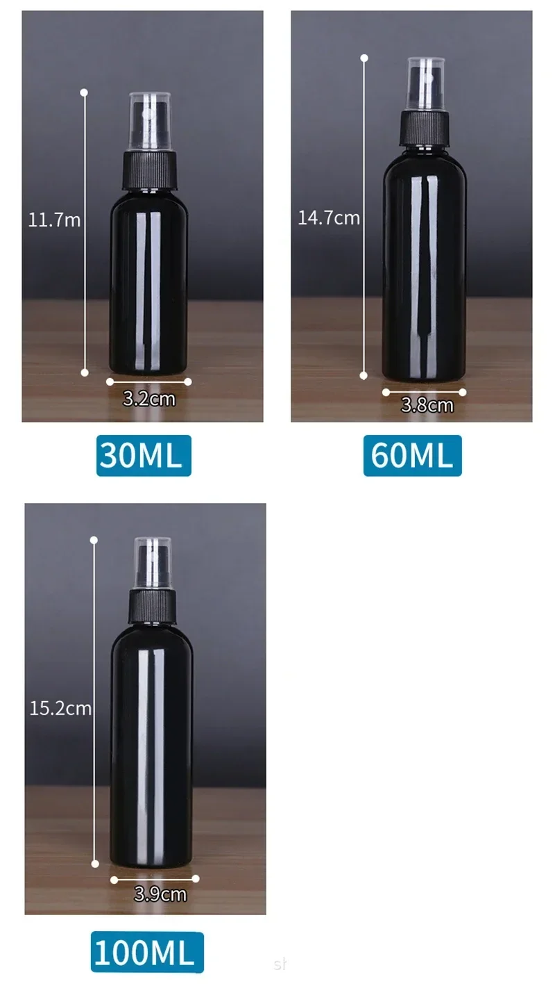 10Pcs Black Spray Bottle 30ml 50ml 60ml 100ml Travel Portable Refillable Empty Water Mist Perfume Bottle Atomizer Skincare Tools