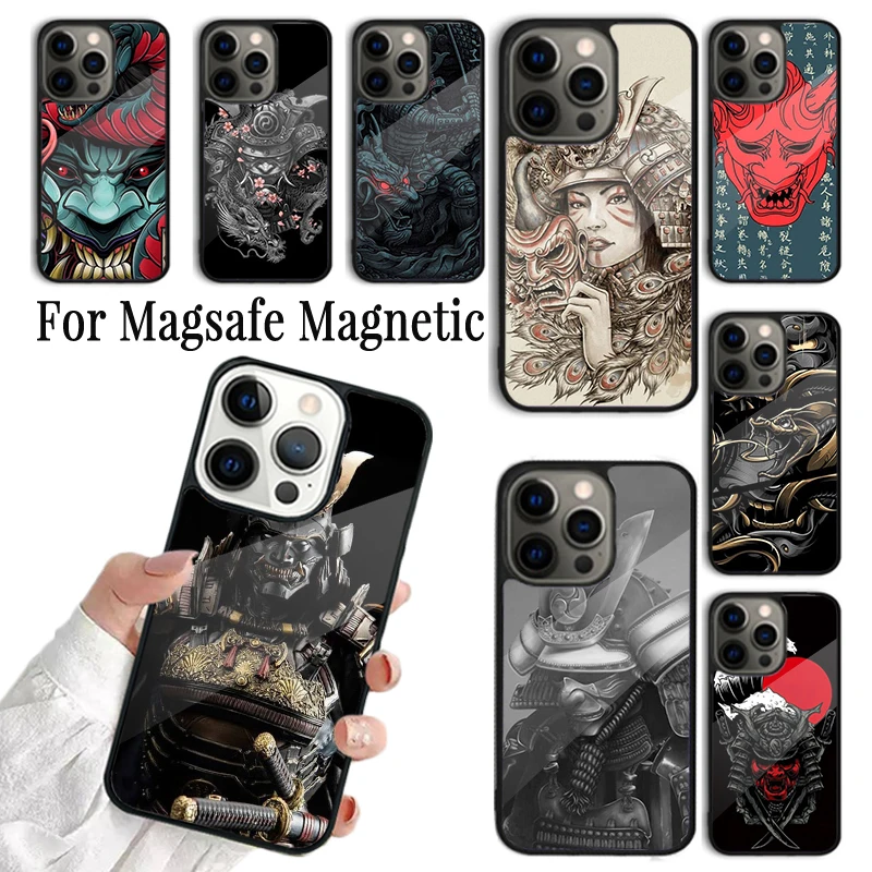 Phone Case For iPhone 16 15 14 13 12 11 Pro Max Plus Magsafe Magnetic Wireless Cover Samurai Japanese Warrior Mask Helmet