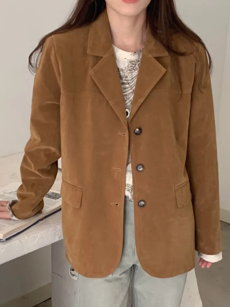 

Шикарное длинное куртка с лацканами в стиле ретро, женское свободное бархатное повседневное пальто из кожи оленя, верхняя одежда, удобная весна-осень-зима